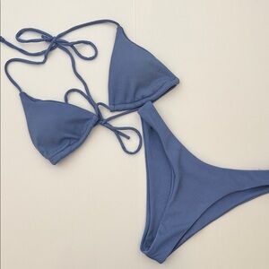 SHEIN Blue Ribbed Triangle String Bikini
